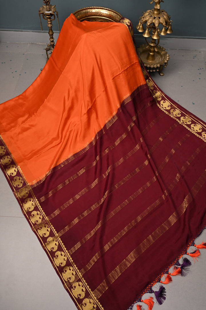 Persimmon Orange Mysore Silk Saree with Contrast Ganda Berunda Zari Border  | SILK MARK CERTIFIED | SHOBITAM