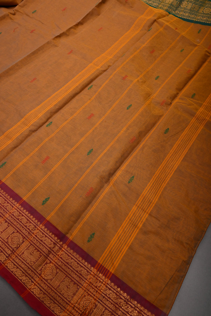 Methi Yellow Kanchi Cotton Saree with Meenakari Thread Buttas and Ganga Jamuna Contrast Zari Borders | SHOBITAM