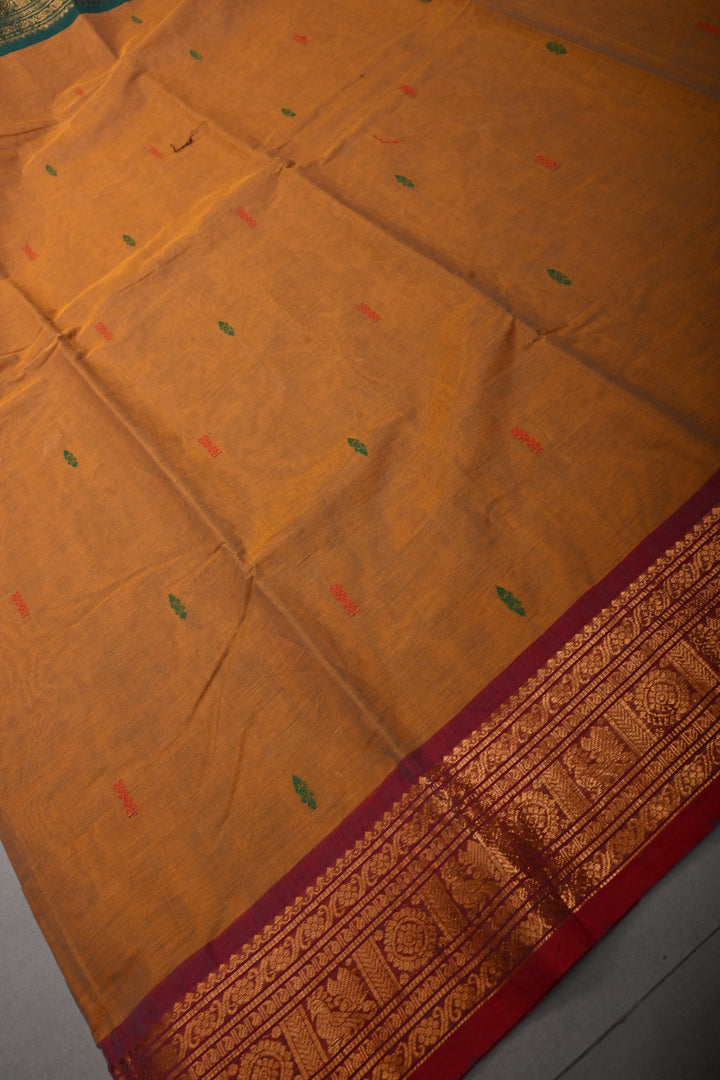 Methi Yellow Kanchi Cotton Saree with Meenakari Thread Buttas and Ganga Jamuna Contrast Zari Borders | SHOBITAM
