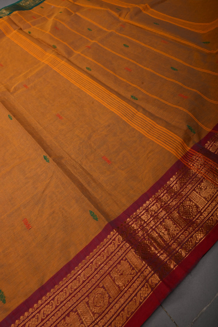 Methi Yellow Kanchi Cotton Saree with Meenakari Thread Buttas and Ganga Jamuna Contrast Zari Borders | SHOBITAM