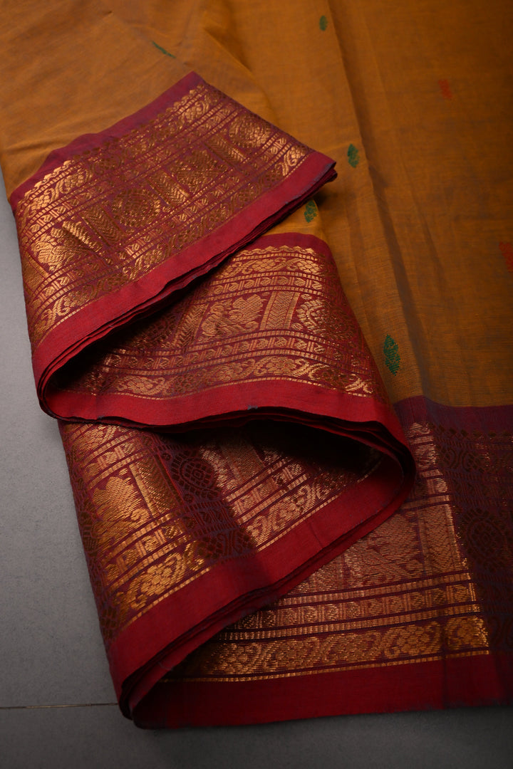 Methi Yellow Kanchi Cotton Saree with Meenakari Thread Buttas and Ganga Jamuna Contrast Zari Borders | SHOBITAM