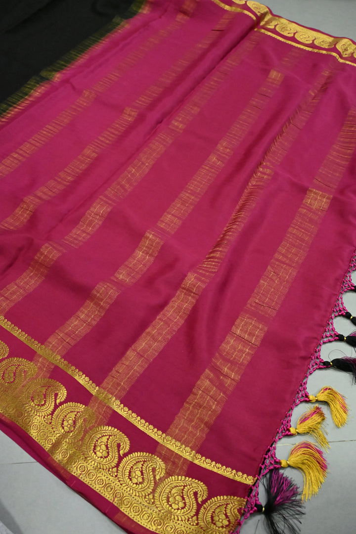 Black Mysore Silk Saree with Contrast Paisley Zari Border  | SILK MARK CERTIFIED | SHOBITAM