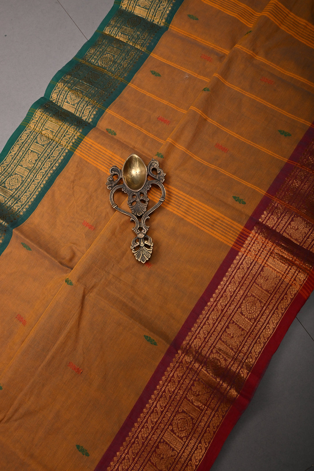 Methi Yellow Kanchi Cotton Saree with Meenakari Thread Buttas and Ganga Jamuna Contrast Zari Borders | SHOBITAM
