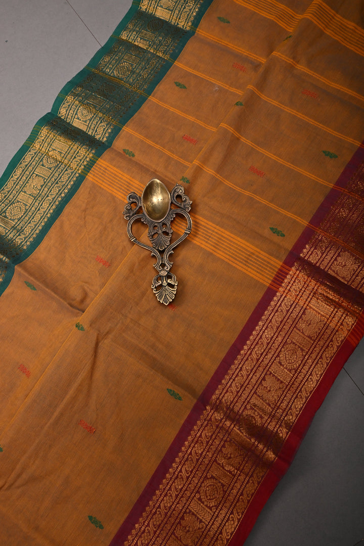 Methi Yellow Kanchi Cotton Saree with Meenakari Thread Buttas and Ganga Jamuna Contrast Zari Borders | SHOBITAM