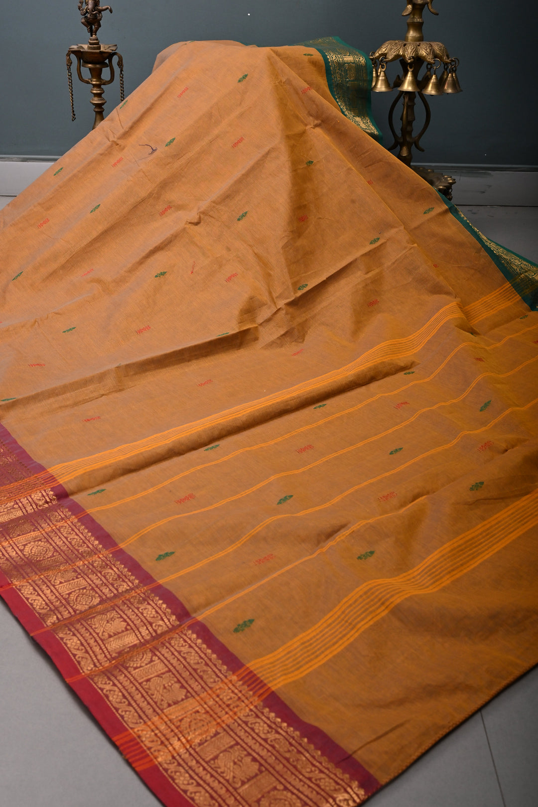 Methi Yellow Kanchi Cotton Saree with Meenakari Thread Buttas and Ganga Jamuna Contrast Zari Borders | SHOBITAM