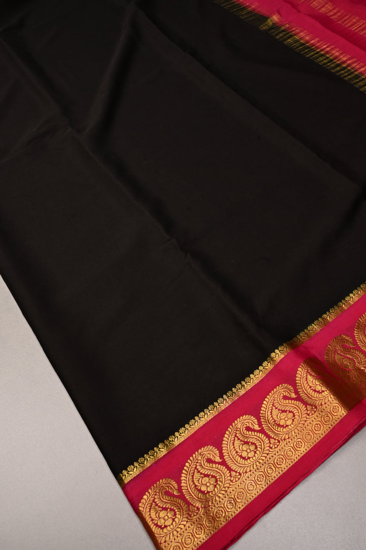 Black Mysore Silk Saree with Contrast Paisley Zari Border  | SILK MARK CERTIFIED | SHOBITAM