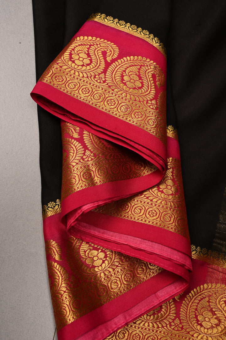 Black Mysore Silk Saree with Contrast Paisley Zari Border  | SILK MARK CERTIFIED | SHOBITAM