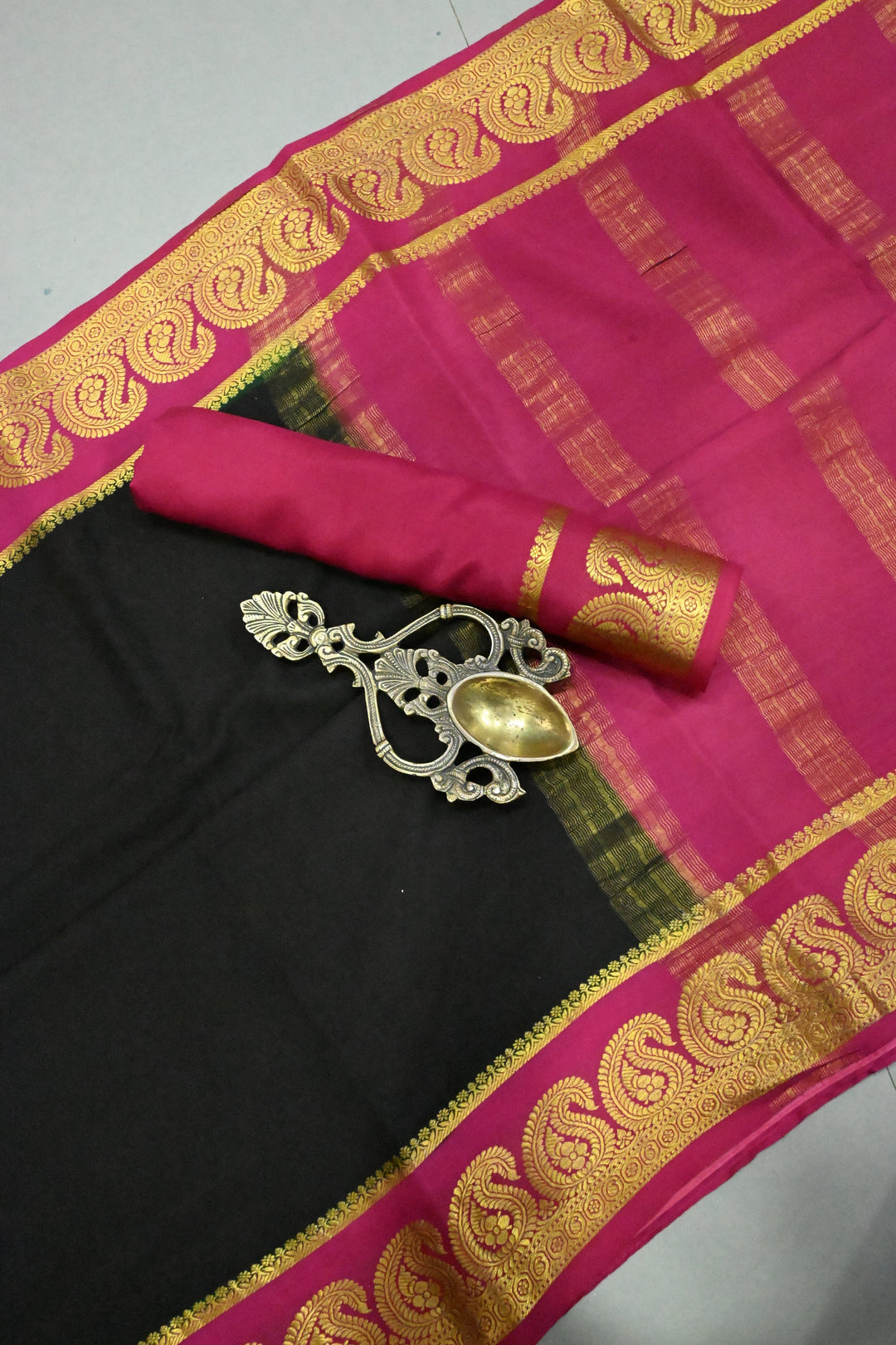Black Mysore Silk Saree with Contrast Paisley Zari Border  | SILK MARK CERTIFIED | SHOBITAM