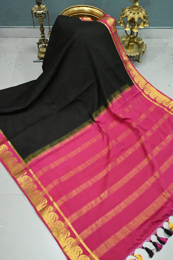 Black Mysore Silk Saree with Contrast Paisley Zari Border  | SILK MARK CERTIFIED | SHOBITAM
