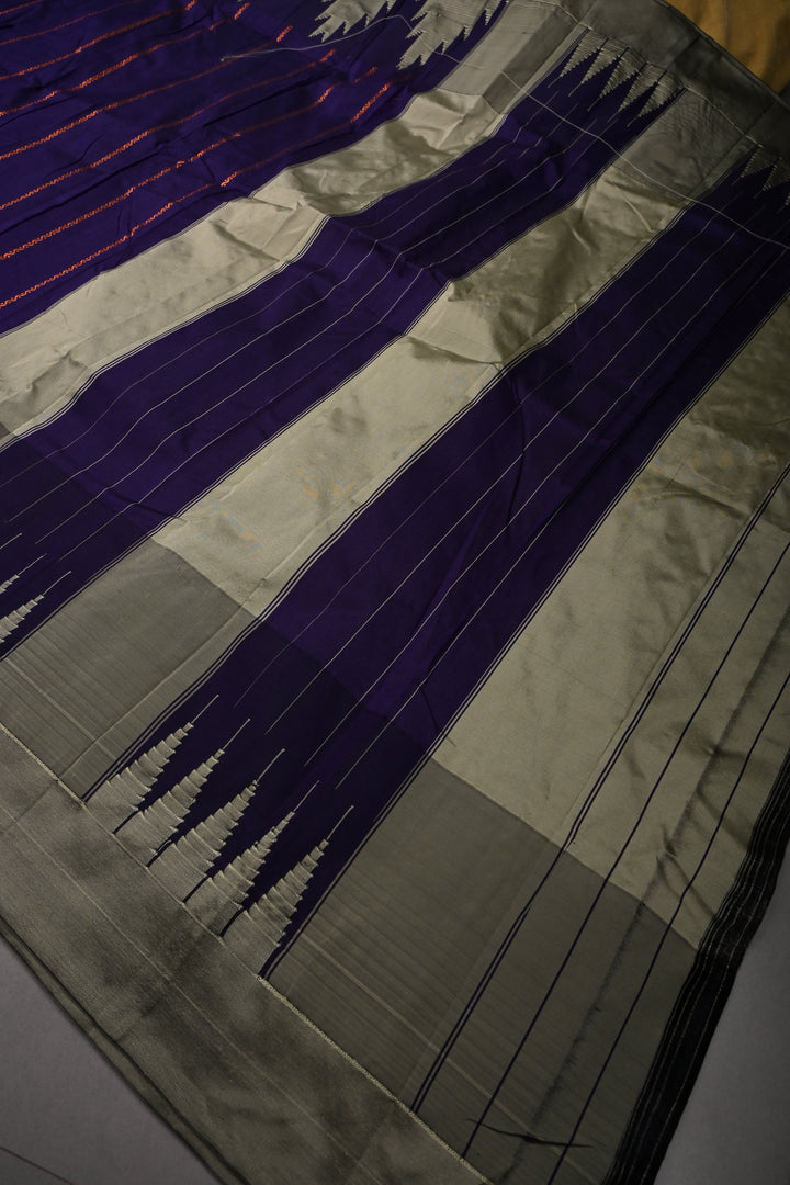 Royal Purple Ilkal Weave Art Silk Bagalkote Saree with Zari Veldhari  Horizontal Stripes and Contrast Temple Border | SHOBITAM