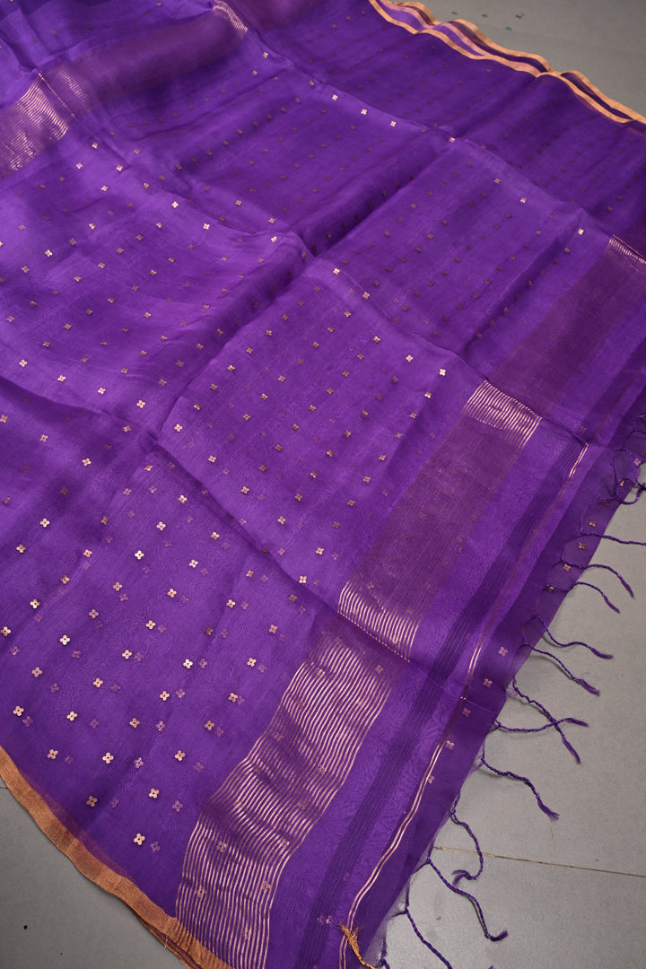 Royal Purple Matka Muslin Silk Saree with Pocket Sequins and Minimal Zari Border | SILK MARK CERTIFIED | SHOBITAM