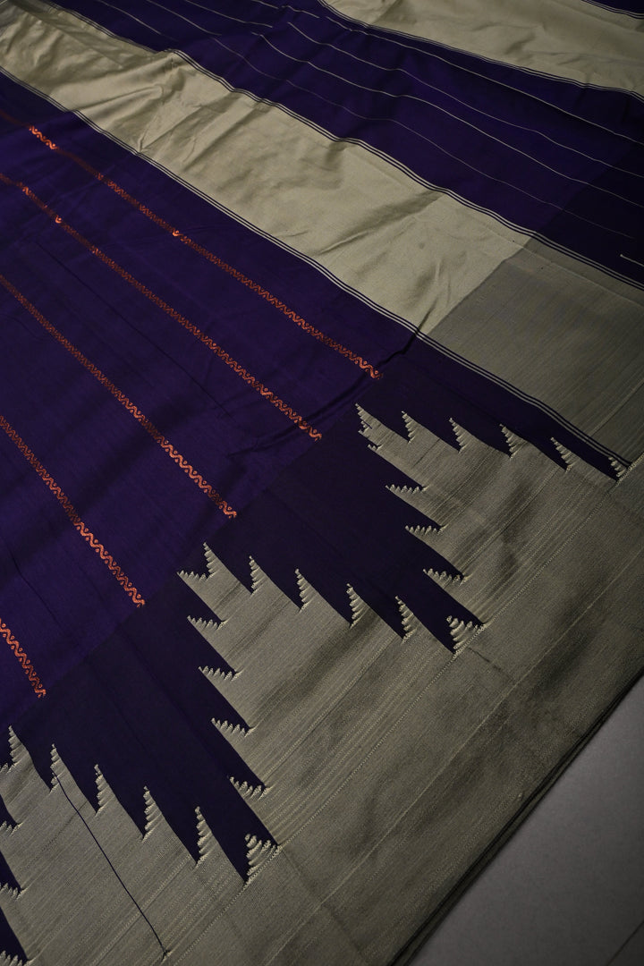 Royal Purple Ilkal Weave Art Silk Bagalkote Saree with Zari Veldhari  Horizontal Stripes and Contrast Temple Border | SHOBITAM