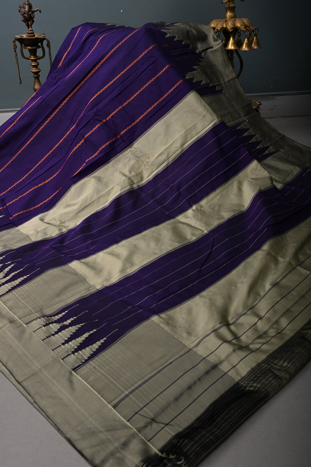 Royal Purple Ilkal Weave Art Silk Bagalkote Saree with Zari Veldhari  Horizontal Stripes and Contrast Temple Border | SHOBITAM