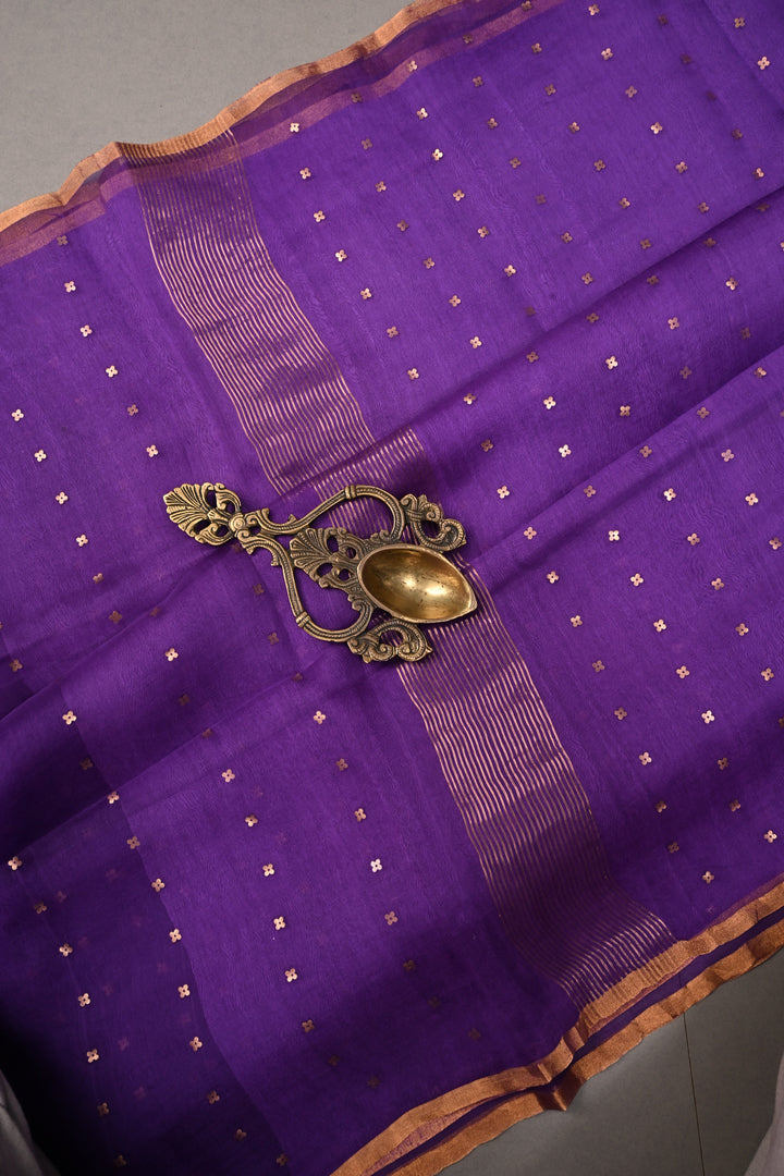 Royal Purple Matka Muslin Silk Saree with Pocket Sequins and Minimal Zari Border | SILK MARK CERTIFIED | SHOBITAM