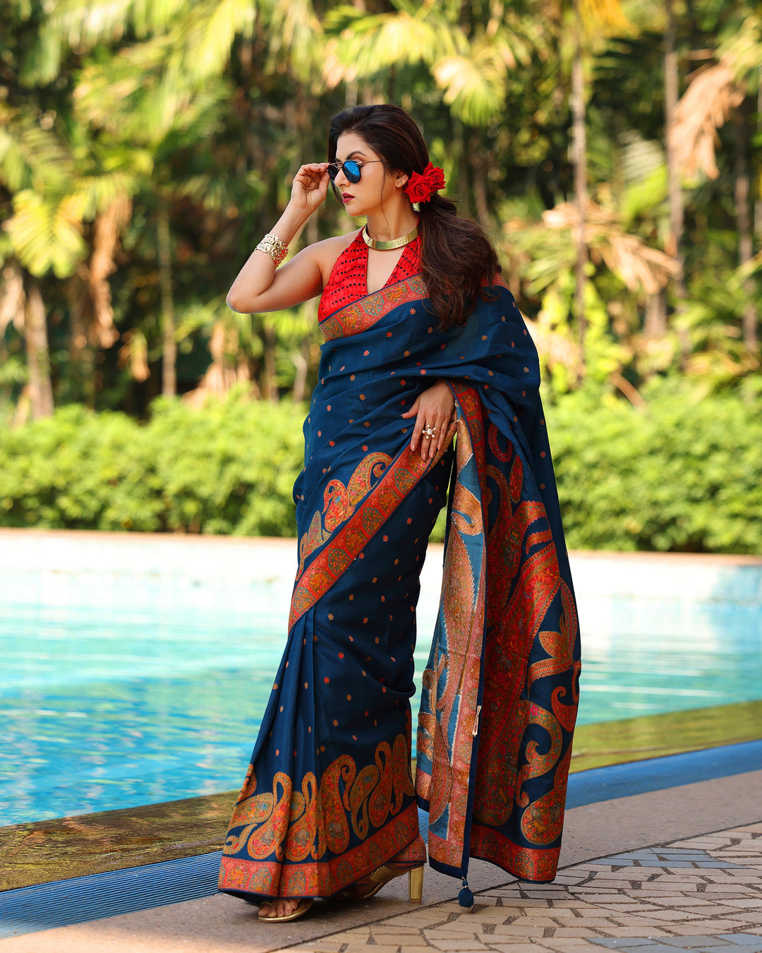 Prussian  Blue Vegan Viscose Silk Saree with Kashmiri Weave Kani Design and Border | SHOBITAM
