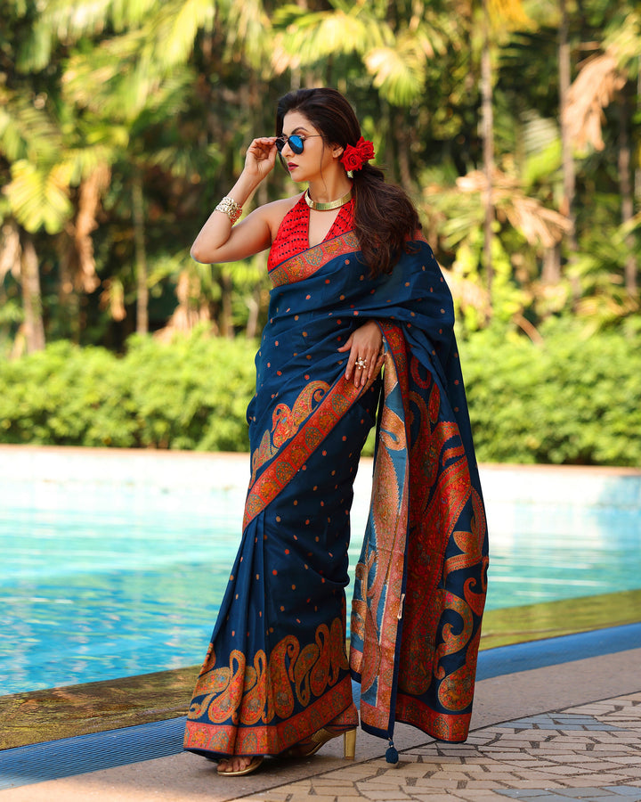 Prussian  Blue Vegan Viscose Silk Saree with Kashmiri Weave Kani Design and Border | SHOBITAM
