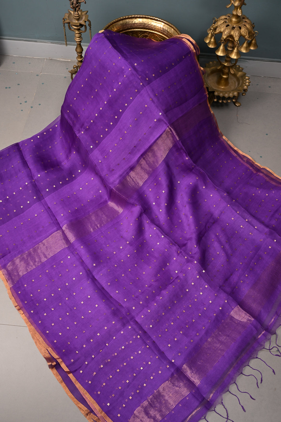 Royal Purple Matka Muslin Silk Saree with Pocket Sequins and Minimal Zari Border | SILK MARK CERTIFIED | SHOBITAM