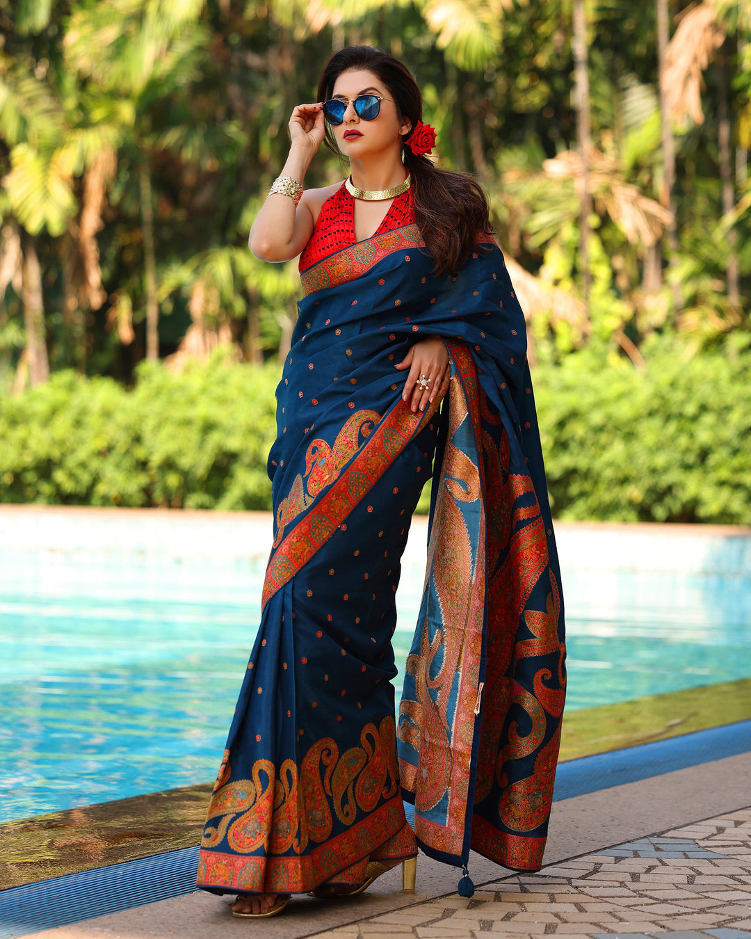 Prussian  Blue Vegan Viscose Silk Saree with Kashmiri Weave Kani Design and Border | SHOBITAM