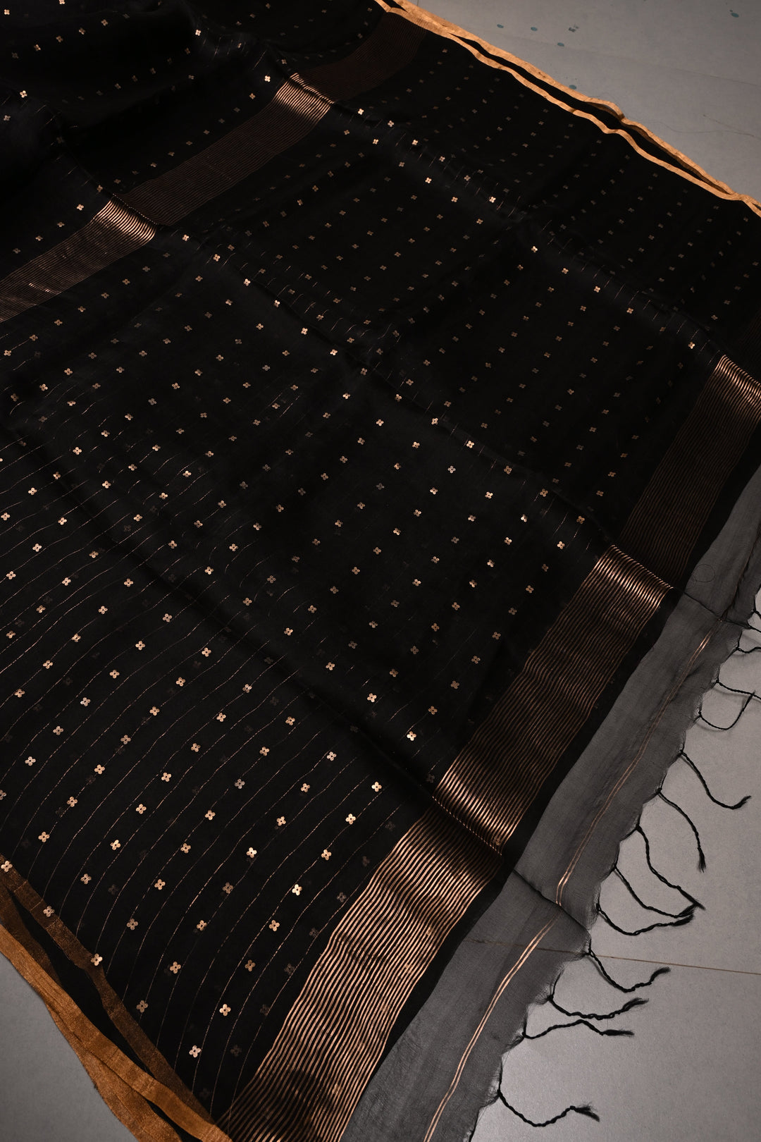 Black Matka Muslin Silk Saree with Pocket Sequins and Minimal Zari Border | SILK MARK CERTIFIED | SHOBITAM