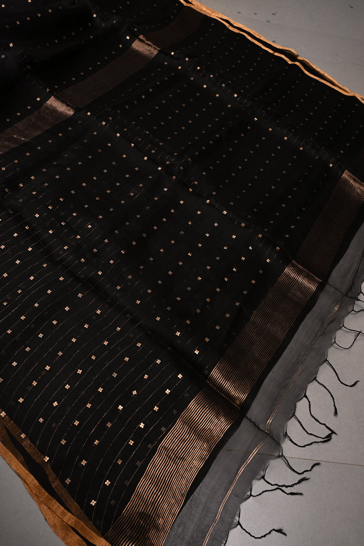 Black Matka Muslin Silk Saree with Pocket Sequins and Minimal Zari Border | SILK MARK CERTIFIED | SHOBITAM