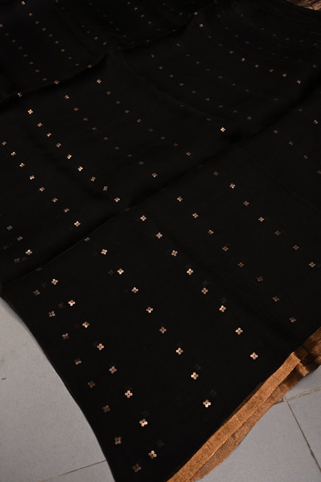 Black Matka Muslin Silk Saree with Pocket Sequins and Minimal Zari Border | SILK MARK CERTIFIED | SHOBITAM