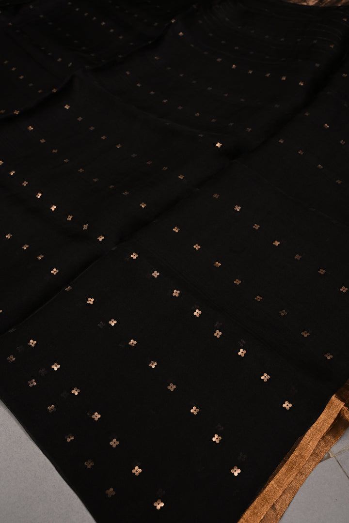 Black Matka Muslin Silk Saree with Pocket Sequins and Minimal Zari Border | SILK MARK CERTIFIED | SHOBITAM