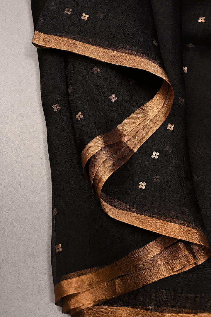 Black Matka Muslin Silk Saree with Pocket Sequins and Minimal Zari Border | SILK MARK CERTIFIED | SHOBITAM