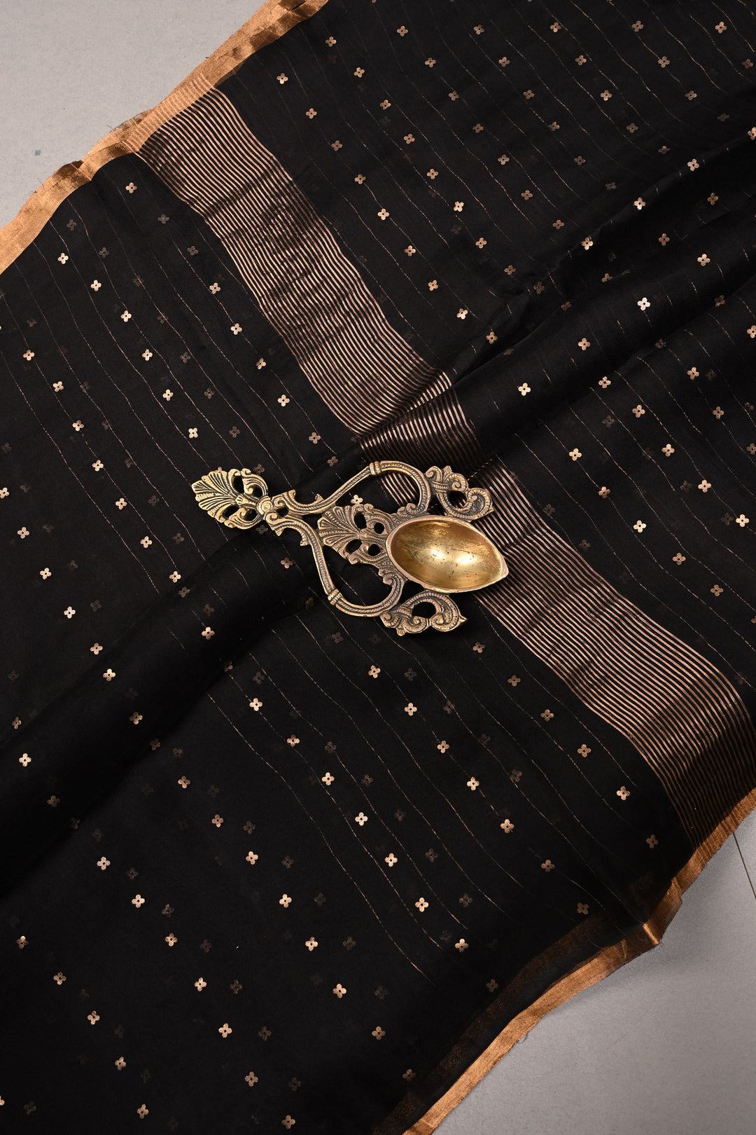 Black Matka Muslin Silk Saree with Pocket Sequins and Minimal Zari Border | SILK MARK CERTIFIED | SHOBITAM