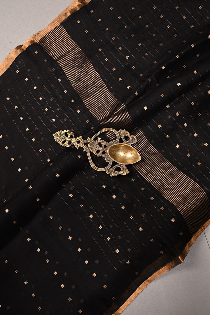 Black Matka Muslin Silk Saree with Pocket Sequins and Minimal Zari Border | SILK MARK CERTIFIED | SHOBITAM