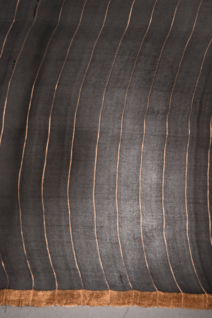 Black Matka Muslin Silk Saree with Pocket Sequins and Minimal Zari Border | SILK MARK CERTIFIED | SHOBITAM