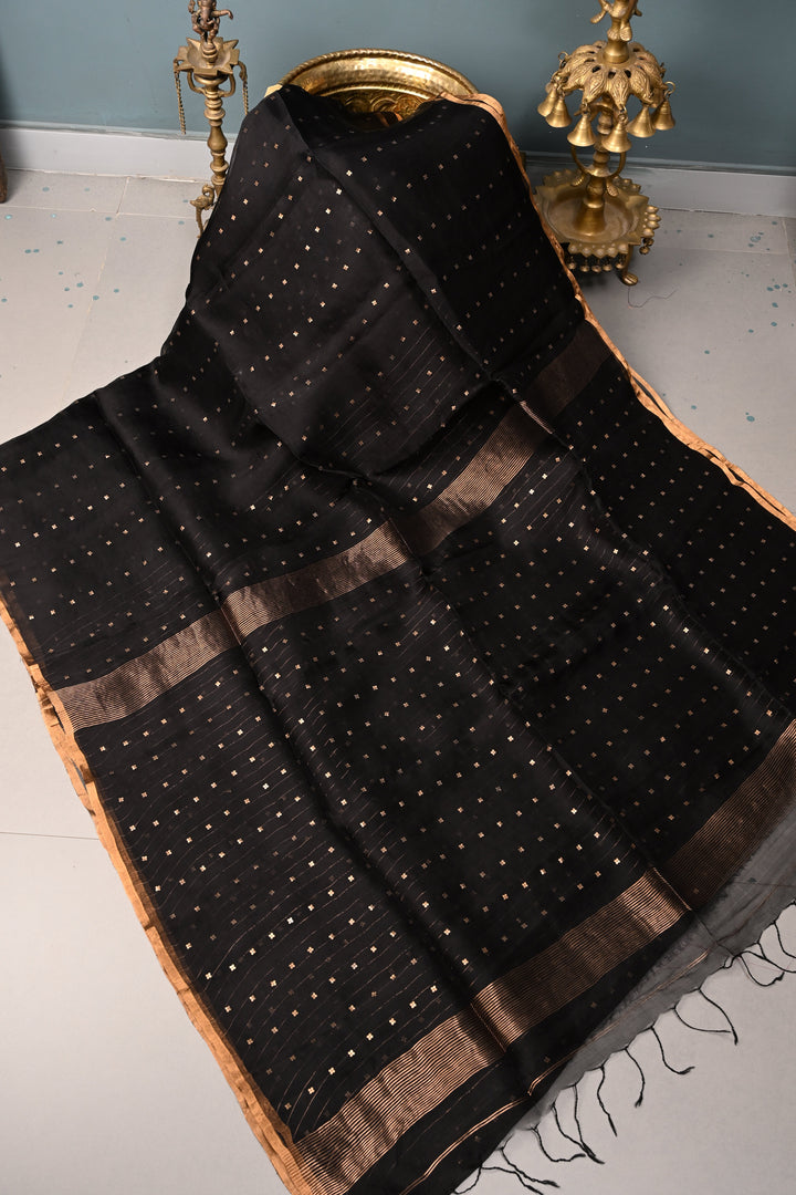 Black Matka Muslin Silk Saree with Pocket Sequins and Minimal Zari Border | SILK MARK CERTIFIED | SHOBITAM
