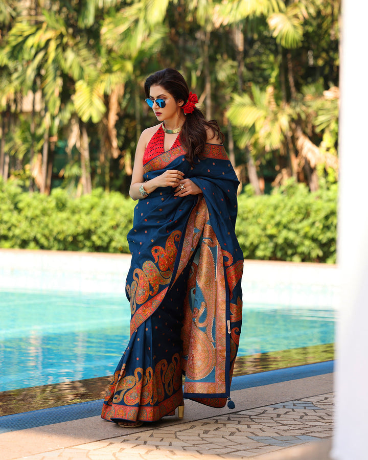 Prussian  Blue Vegan Viscose Silk Saree with Kashmiri Weave Kani Design and Border | SHOBITAM