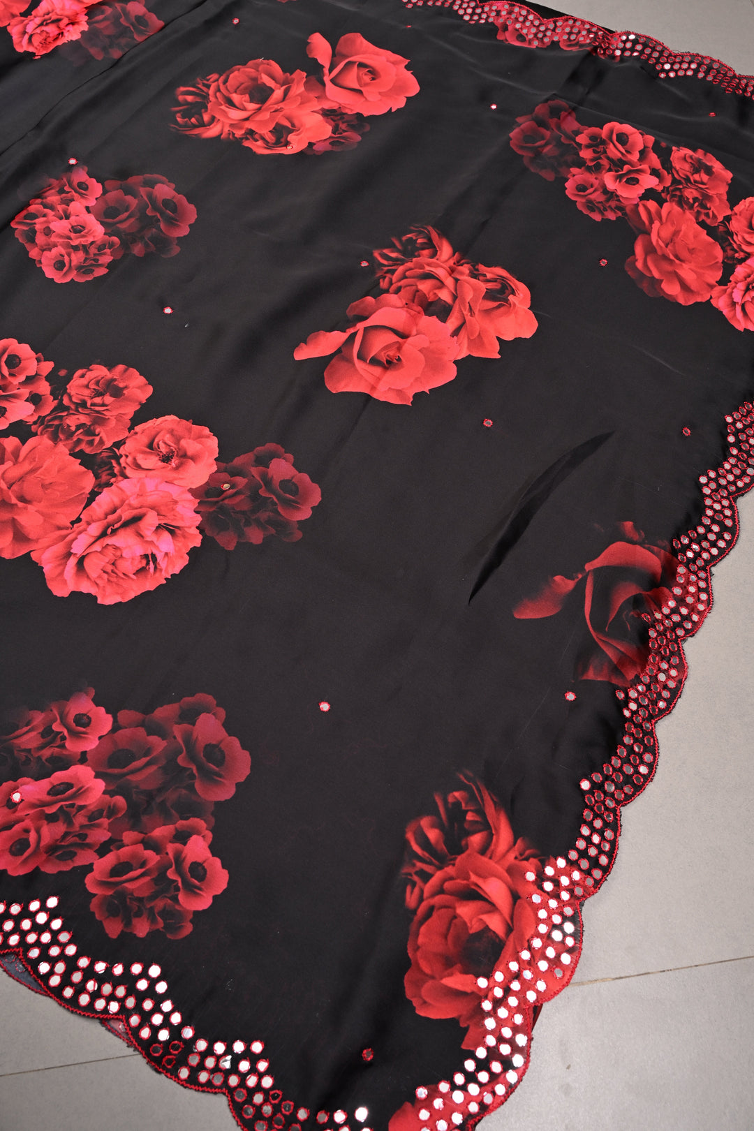 Black-Red Satin Georgette Saree with Rose Floral Digital Print and Mirror Scallop Border | SHOBITAM