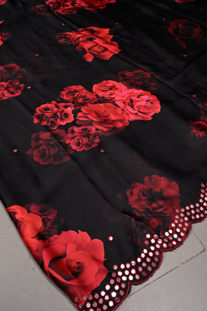 Black-Red Satin Georgette Saree with Rose Floral Digital Print and Mirror Scallop Border | SHOBITAM