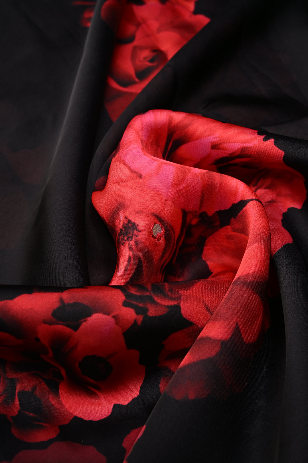 Black-Red Satin Georgette Saree with Rose Floral Digital Print and Mirror Scallop Border | SHOBITAM