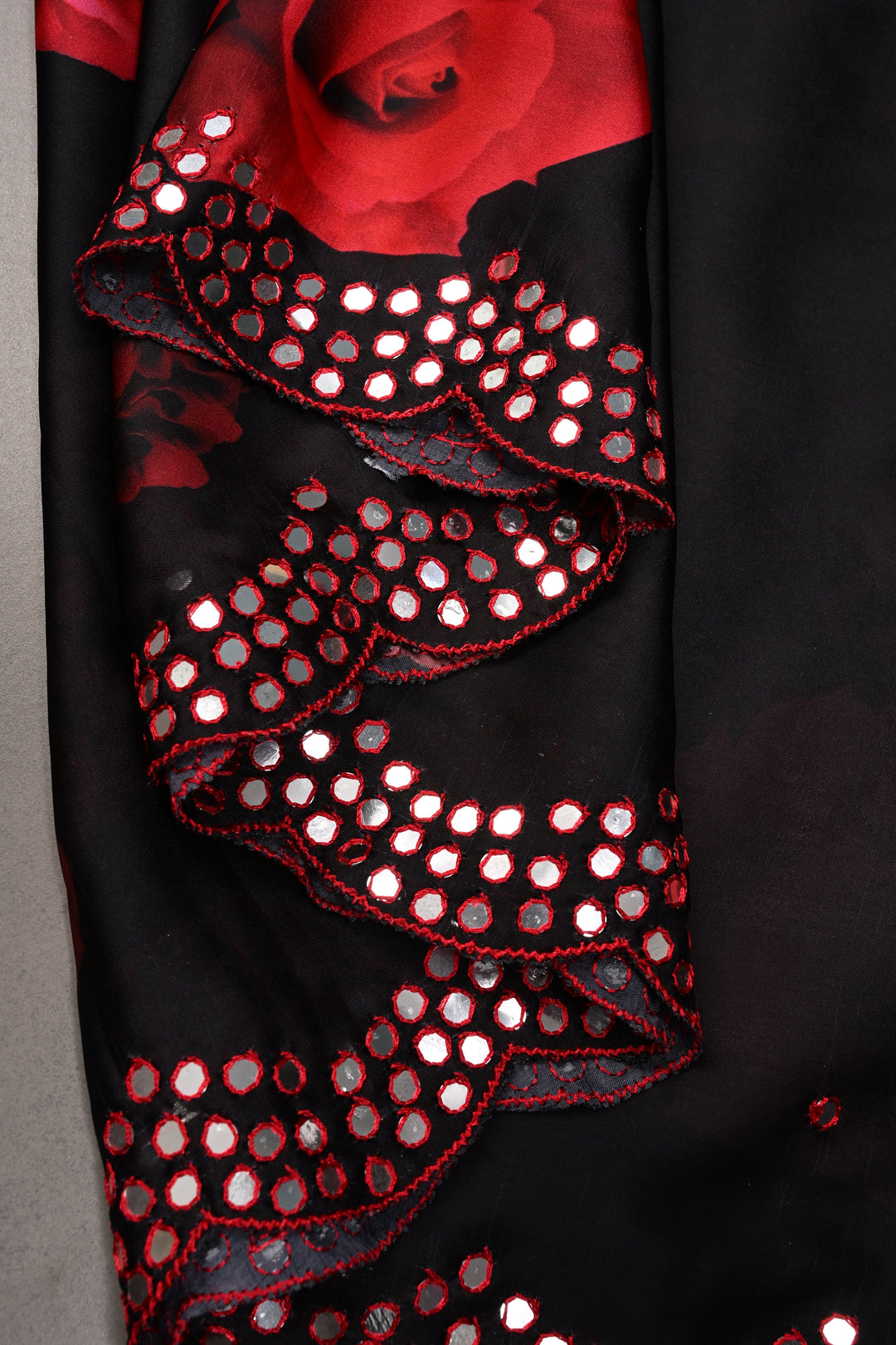 Black-Red Satin Georgette Saree with Rose Floral Digital Print and Mirror Scallop Border | SHOBITAM