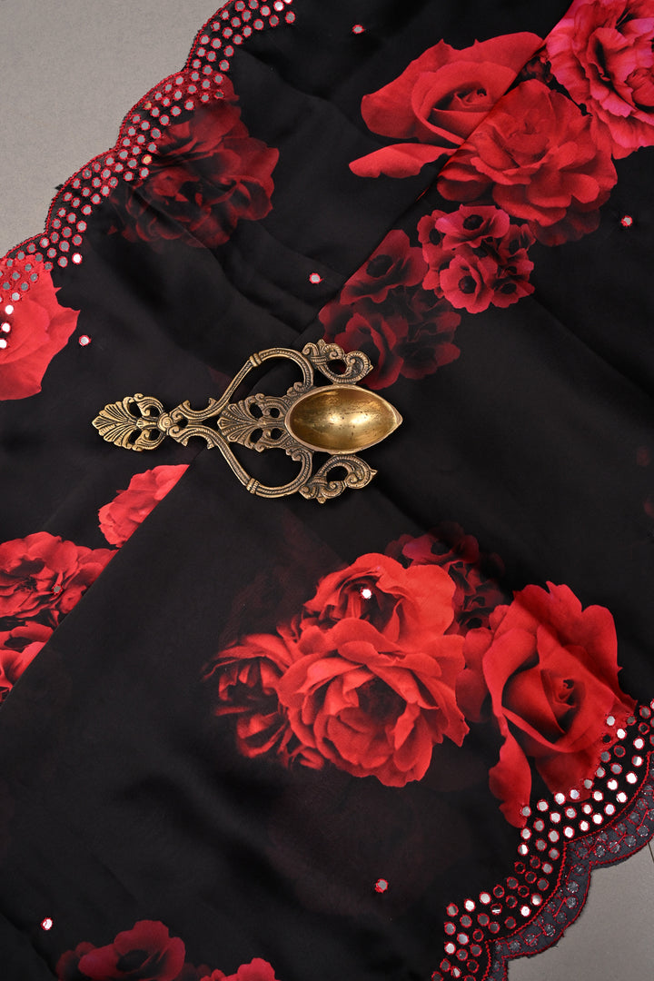 Black-Red Satin Georgette Saree with Rose Floral Digital Print and Mirror Scallop Border | SHOBITAM
