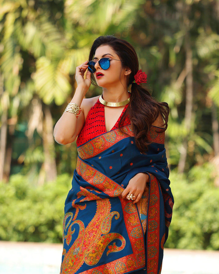 Prussian  Blue Vegan Viscose Silk Saree with Kashmiri Weave Kani Design and Border | SHOBITAM