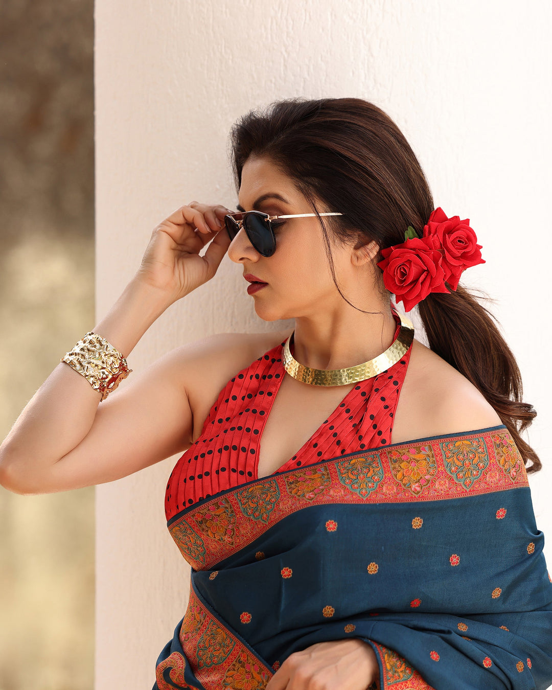 Prussian  Blue Vegan Viscose Silk Saree with Kashmiri Weave Kani Design and Border | SHOBITAM