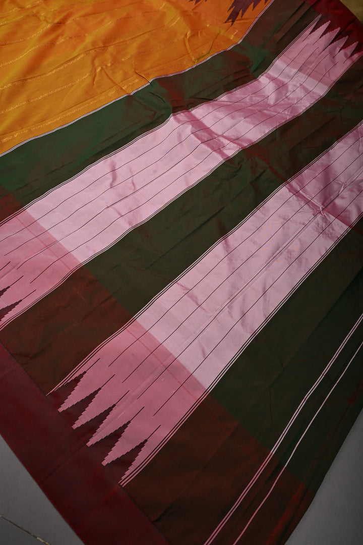 Methi Yellow Dual Tone Ilkal Weave Art Silk Bagalkote Saree with Zari Veldhari  Horizontal Stripes and Contrast Temple Border | SHOBITAM