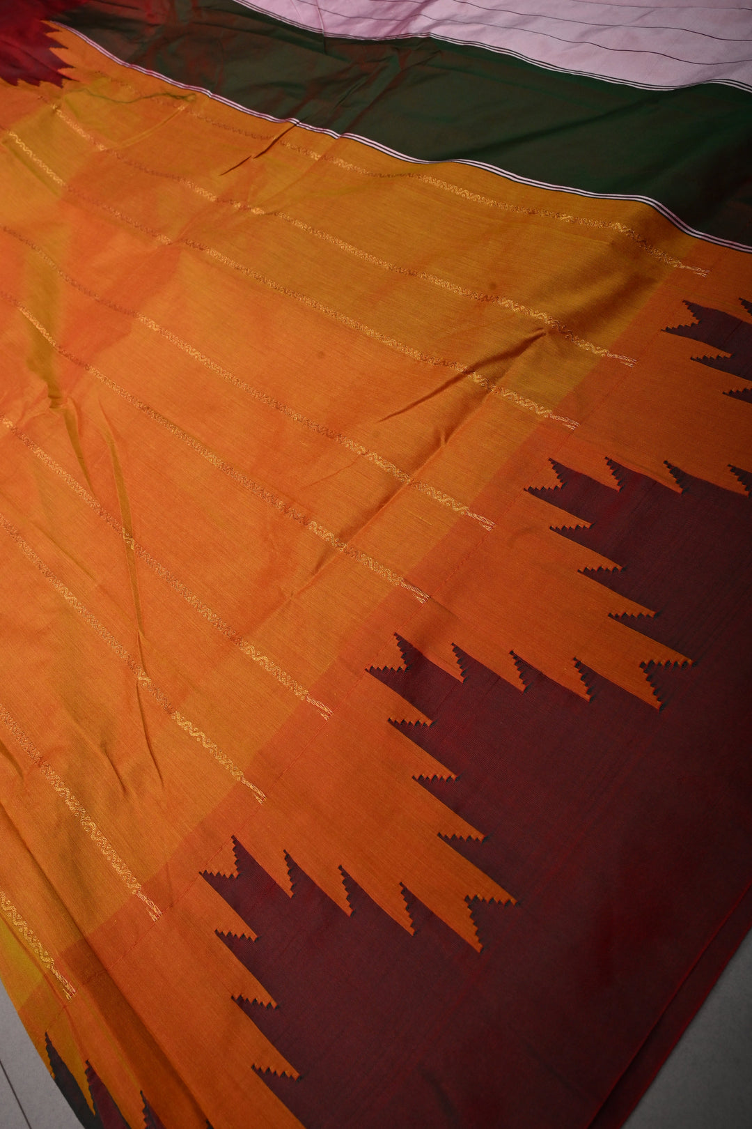 Methi Yellow Dual Tone Ilkal Weave Art Silk Bagalkote Saree with Zari Veldhari  Horizontal Stripes and Contrast Temple Border | SHOBITAM