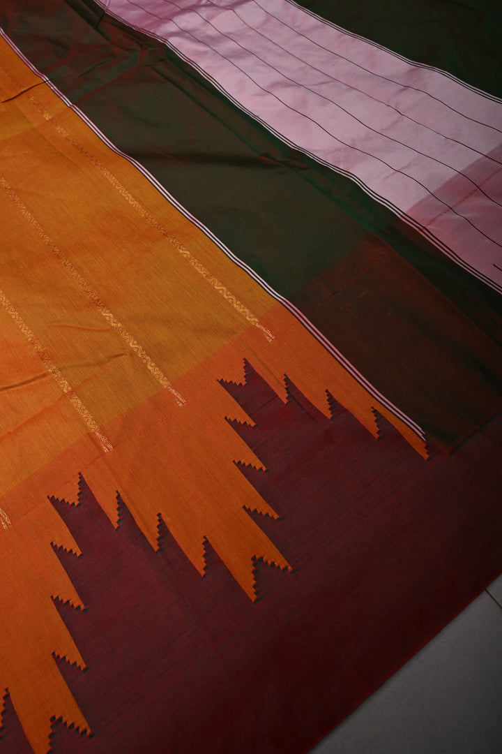 Methi Yellow Dual Tone Ilkal Weave Art Silk Bagalkote Saree with Zari Veldhari  Horizontal Stripes and Contrast Temple Border | SHOBITAM