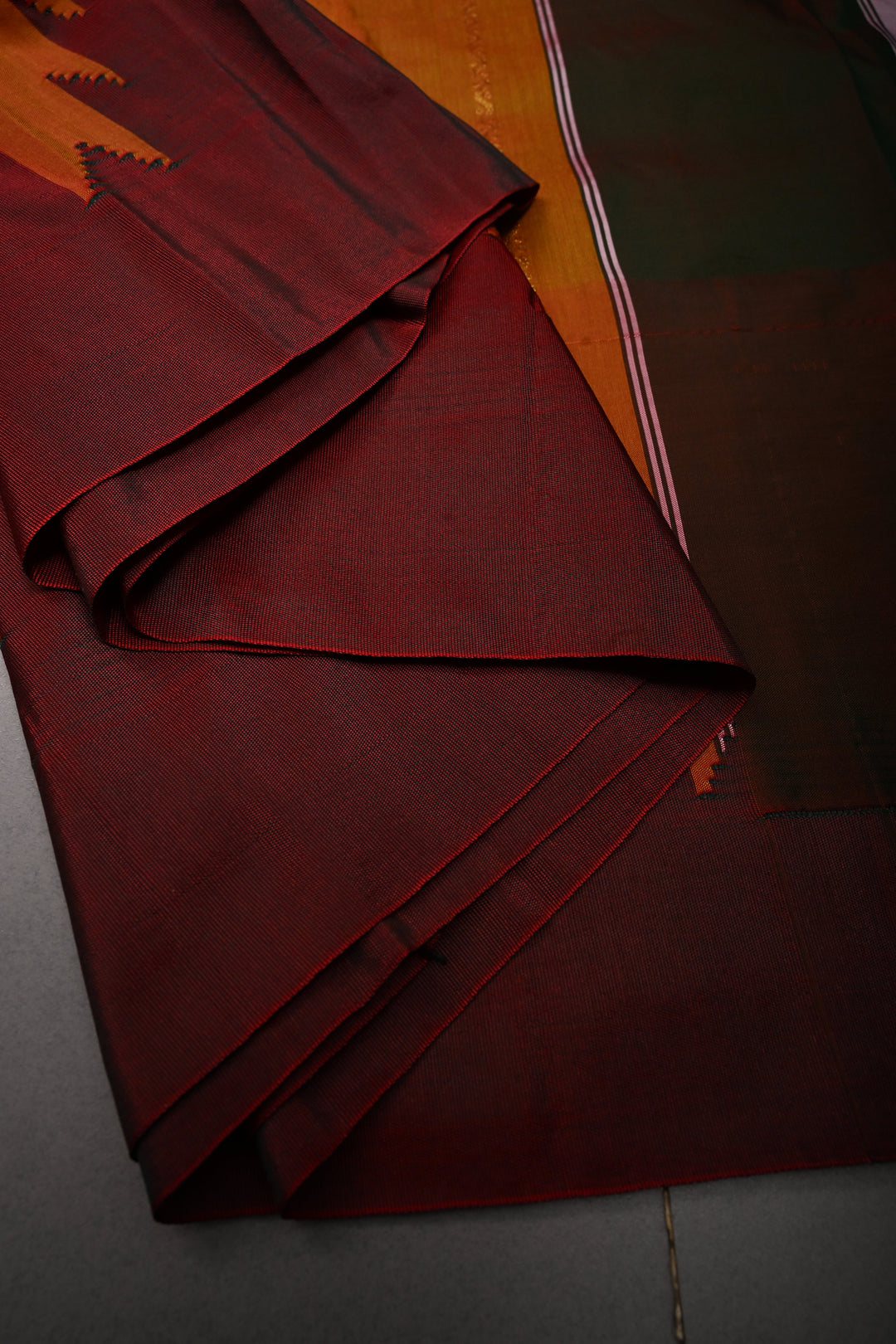 Methi Yellow Dual Tone Ilkal Weave Art Silk Bagalkote Saree with Zari Veldhari  Horizontal Stripes and Contrast Temple Border | SHOBITAM
