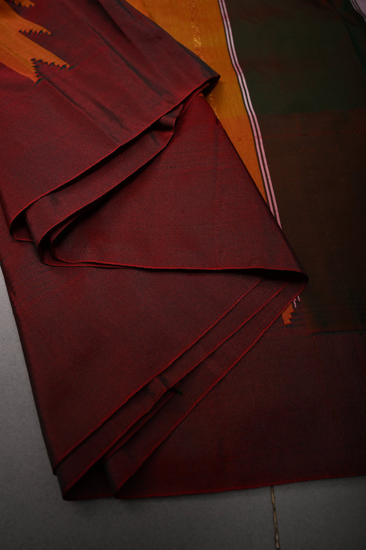 Methi Yellow Dual Tone Ilkal Weave Art Silk Bagalkote Saree with Zari Veldhari  Horizontal Stripes and Contrast Temple Border | SHOBITAM