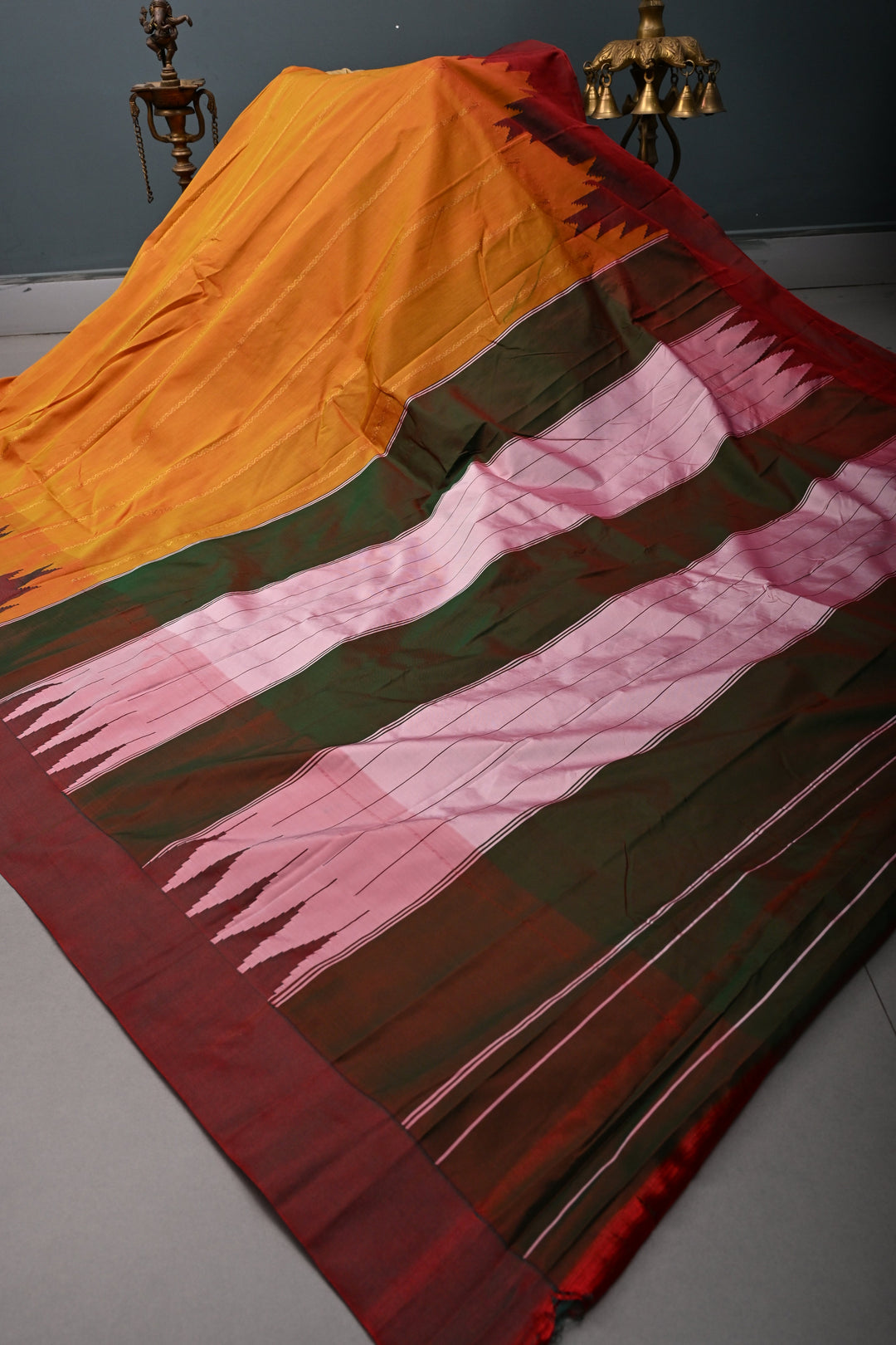 Methi Yellow Dual Tone Ilkal Weave Art Silk Bagalkote Saree with Zari Veldhari  Horizontal Stripes and Contrast Temple Border | SHOBITAM