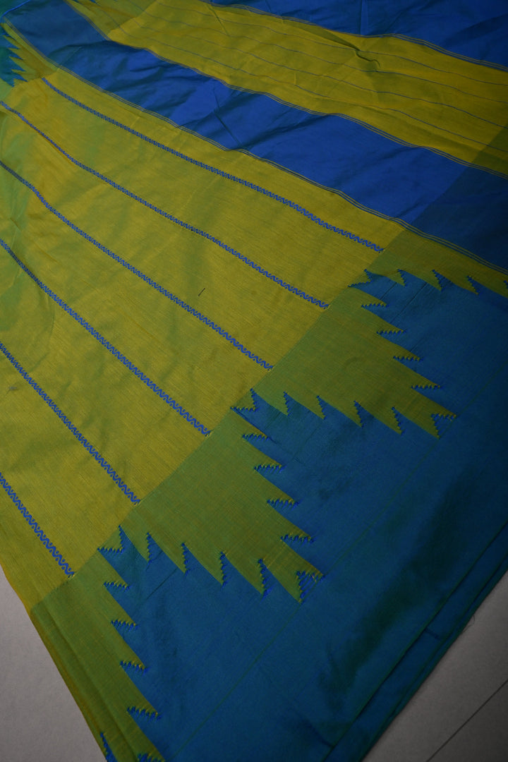 Parrot Green Ilkal Weave Art Silk Bagalkote Saree with Zari Veldhari Horizontal Stripes and Contrast Temple Border | SHOBITAM