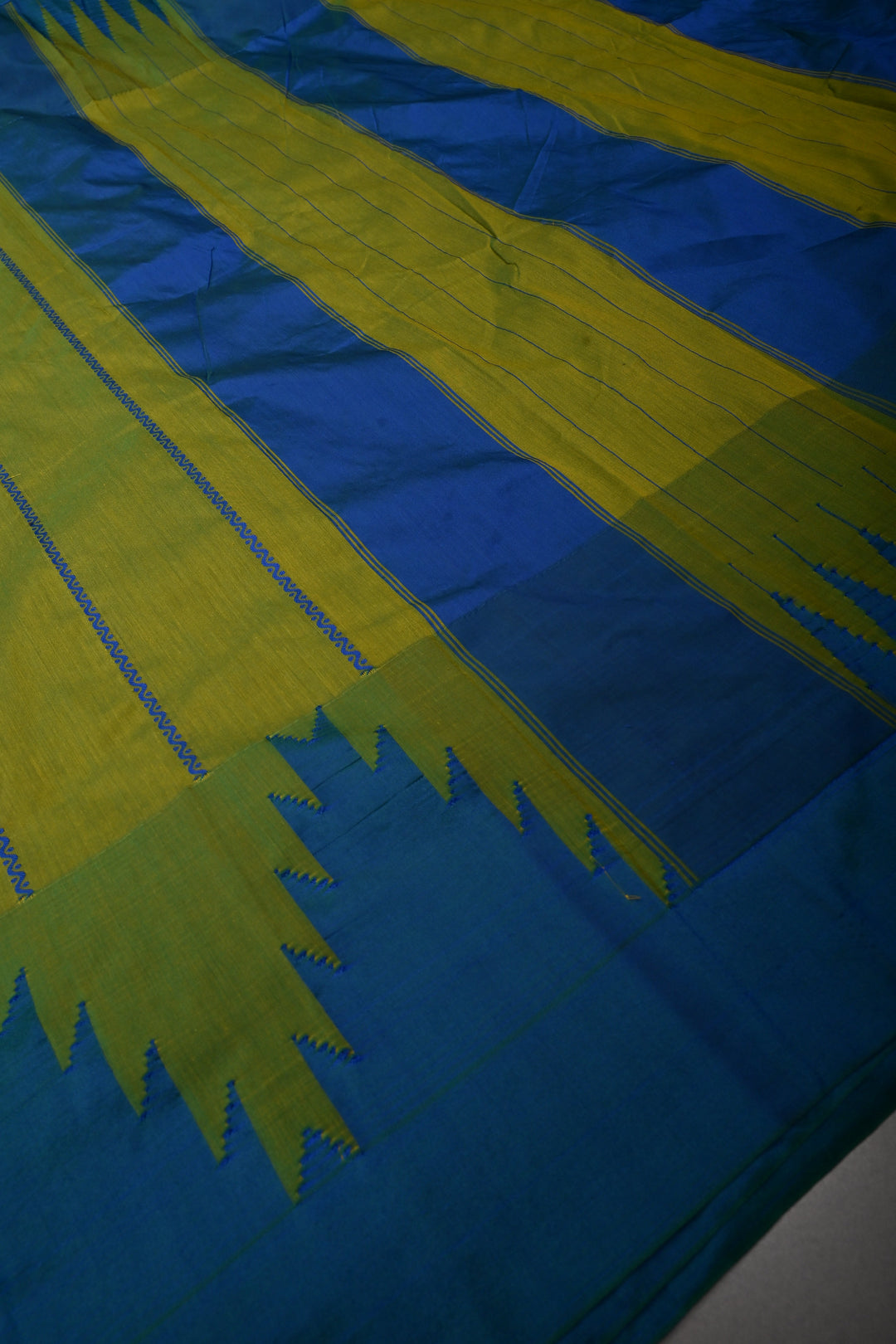 Parrot Green Ilkal Weave Art Silk Bagalkote Saree with Zari Veldhari Horizontal Stripes and Contrast Temple Border | SHOBITAM