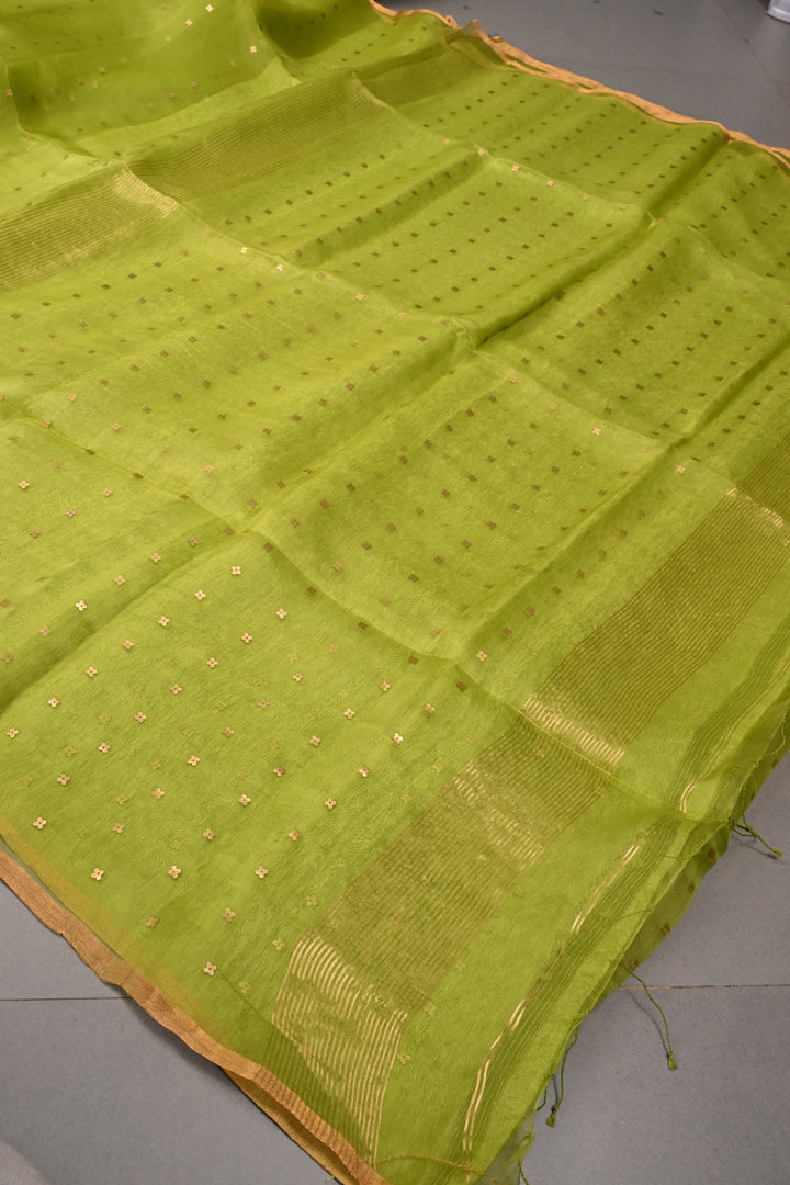 Parrot Green  Matka Muslin Silk Saree with Pocket Sequins and Minimal Zari Border | SILK MARK CERTIFIED | SHOBITAM