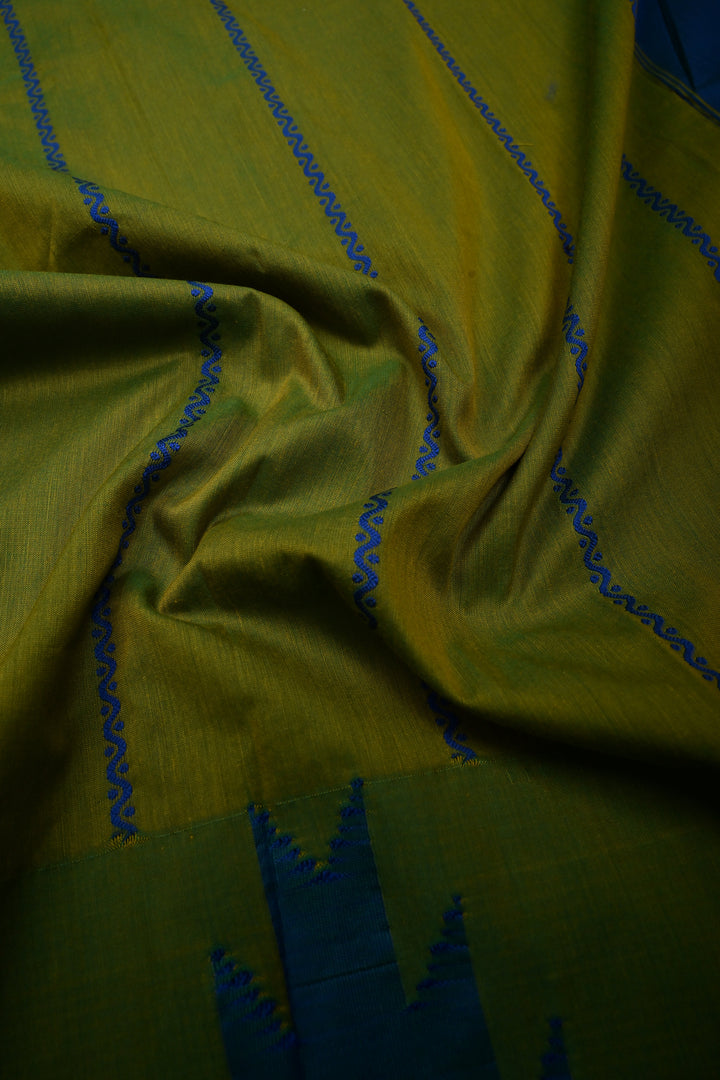 Parrot Green Ilkal Weave Art Silk Bagalkote Saree with Zari Veldhari Horizontal Stripes and Contrast Temple Border | SHOBITAM