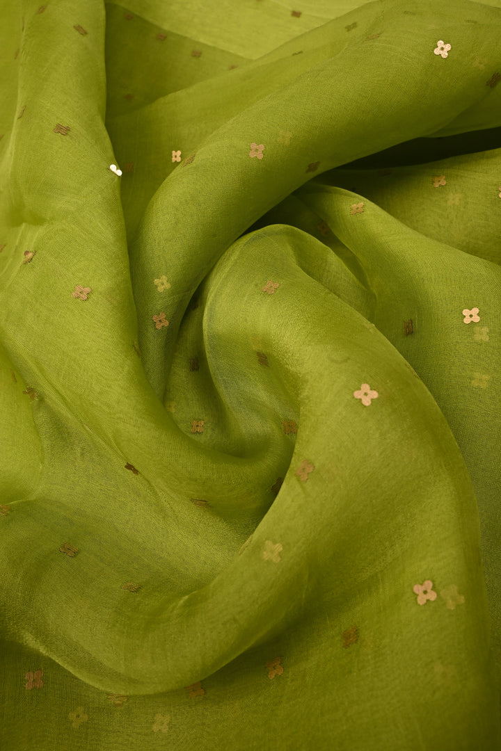 Parrot Green  Matka Muslin Silk Saree with Pocket Sequins and Minimal Zari Border | SILK MARK CERTIFIED | SHOBITAM